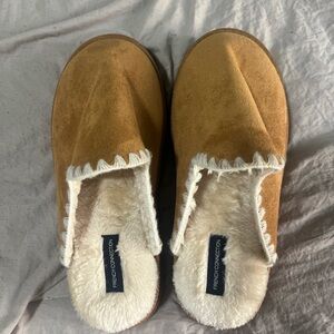 French Connection Cream and Tan Plush Slippers